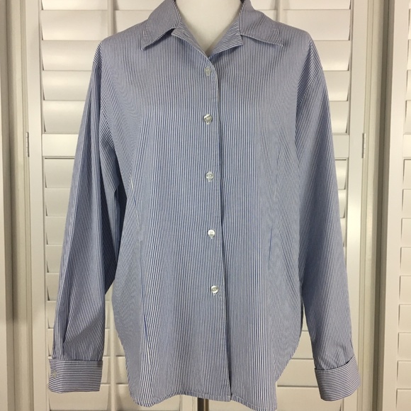 Karen Scott Blouse Blue White Striped Button Up - Picture 1 of 8